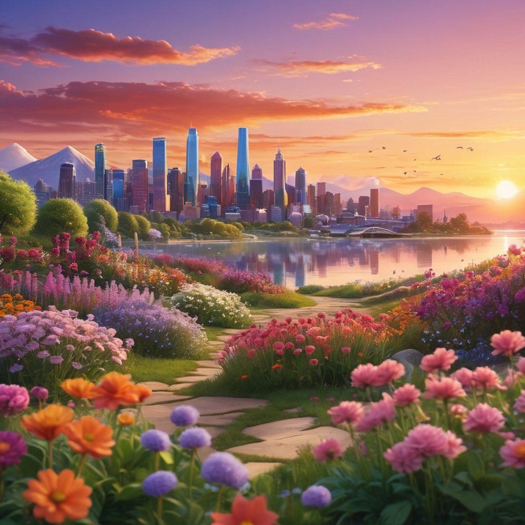 A diverse group of people exploring a peaceful landscape filled with symbols of hope and wellness, such as blooming flowers, wellness tools, and educational resources about cancer. The scene transitions from a city skyline representing diagnosis to serene nature symbolizing thriving and wellness, with a vibrant sunset in the background. super-realistic. vibrant colors. uplifting atmosphere.