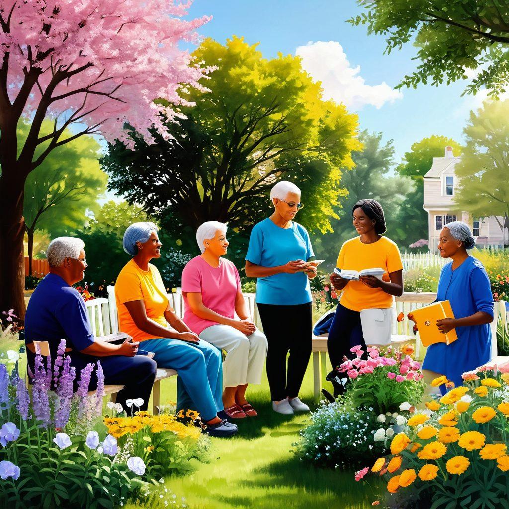 A warm, inviting scene depicting a diverse group of people coming together in a supportive environment, sharing stories and resources related to cancer care. Incorporate symbols of hope, such as ribbons and blooming flowers, with a backdrop of a serene community garden. The characters should represent various ages and backgrounds, showcasing empathy and strength. Soft, natural lighting and pastel colors convey a sense of calm and empowerment. super-realistic. vibrant colors. community-centric.