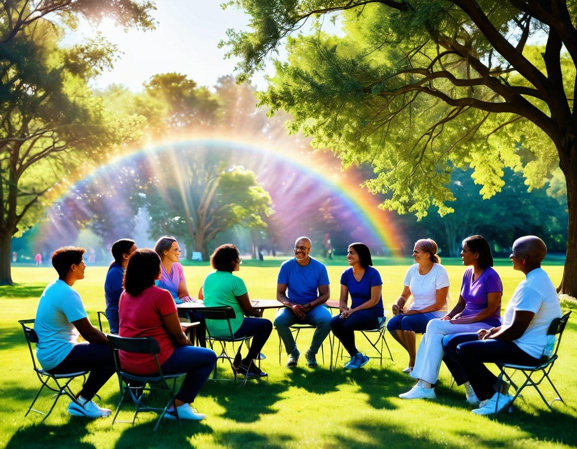 A poignant scene depicting a diverse group of cancer survivors sharing their stories in an open, sunlit park. Each individual, radiating hope and resilience, is engaged in conversation, with supportive gestures and smiles. In the background, a vibrant rainbow arcs over the landscape, symbolizing triumph over adversity. Include soft, glowing light filtering through trees to enhance the uplifting atmosphere. impressionistic style. vibrant colors. soft focus.